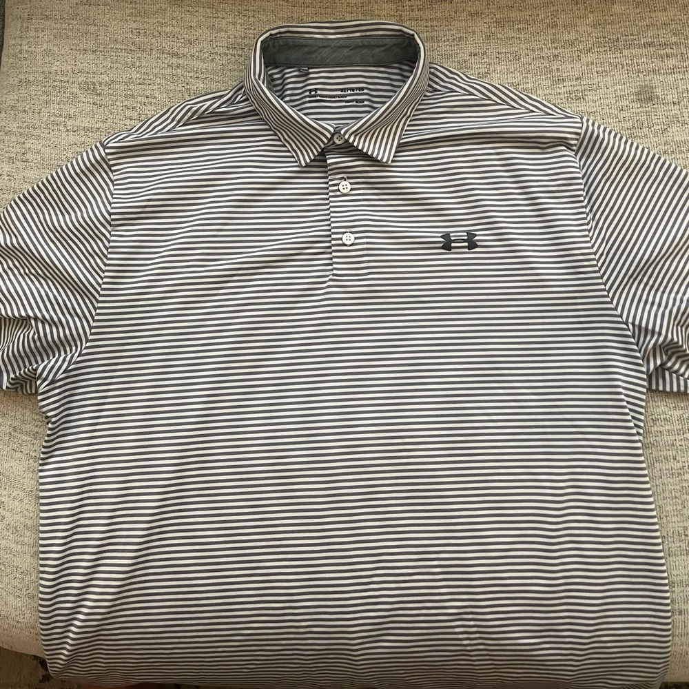 Gray and white stripes under armour polo